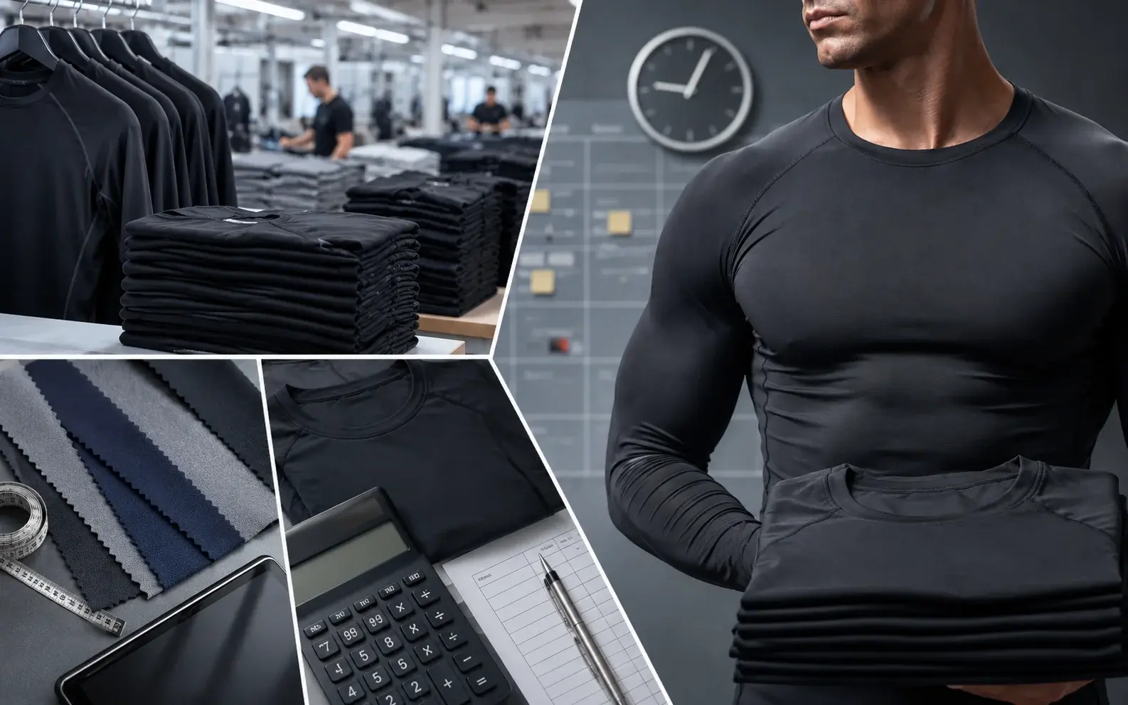 Compression shirt manufacturing and order planning collage showing stacked garments, fabric swatches, calculator, measuring tools, production floor, schedule board, and a model holding finished compression shirts.